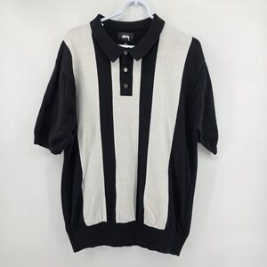 Stussy Knit Polo Shirt Mens XL Black Cream Vertical Stripe Short Sleeve Sweater